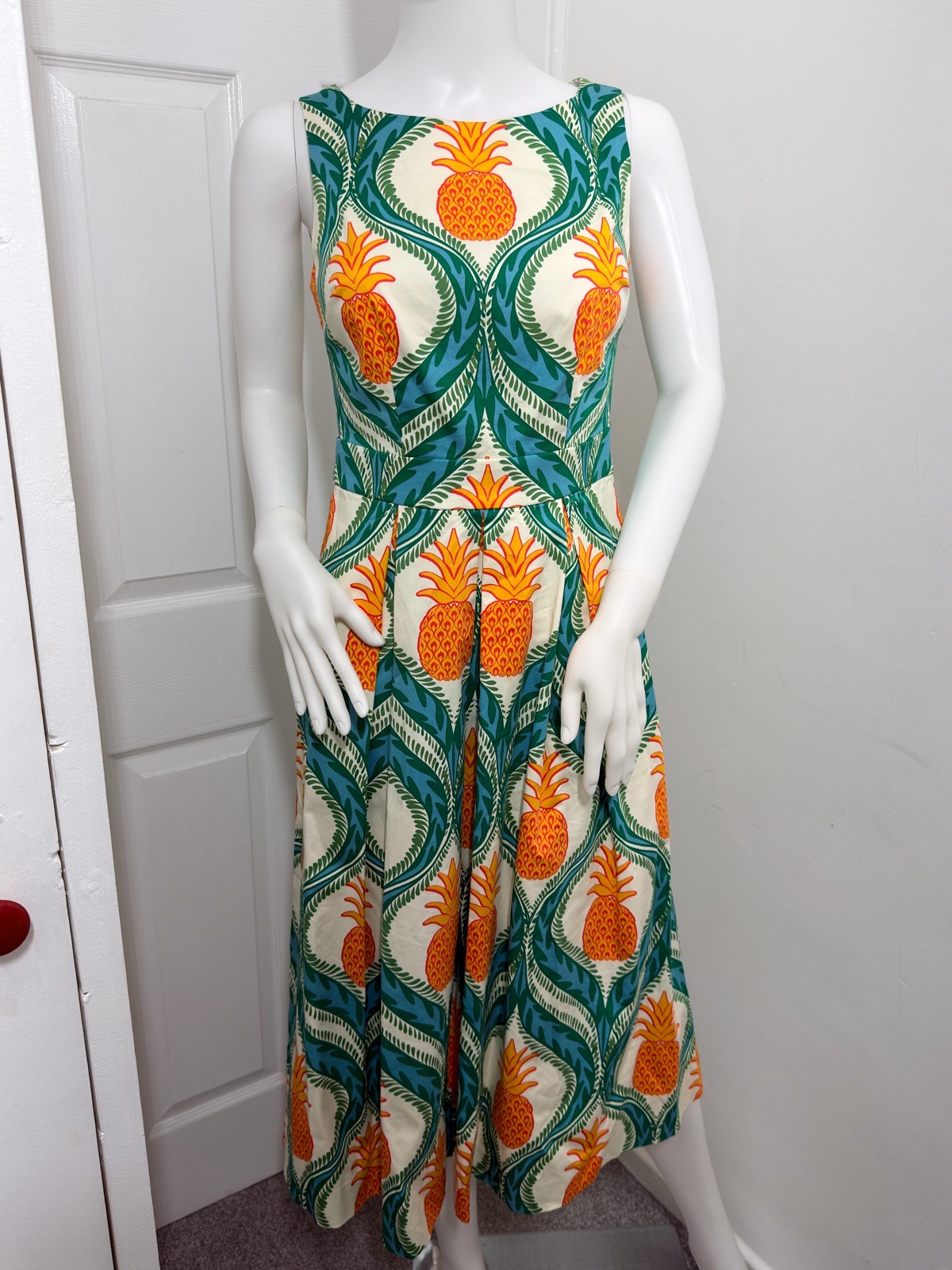 Boden UK 4R Pineapple Print Cotton Fit & Flare Dress Green Orange