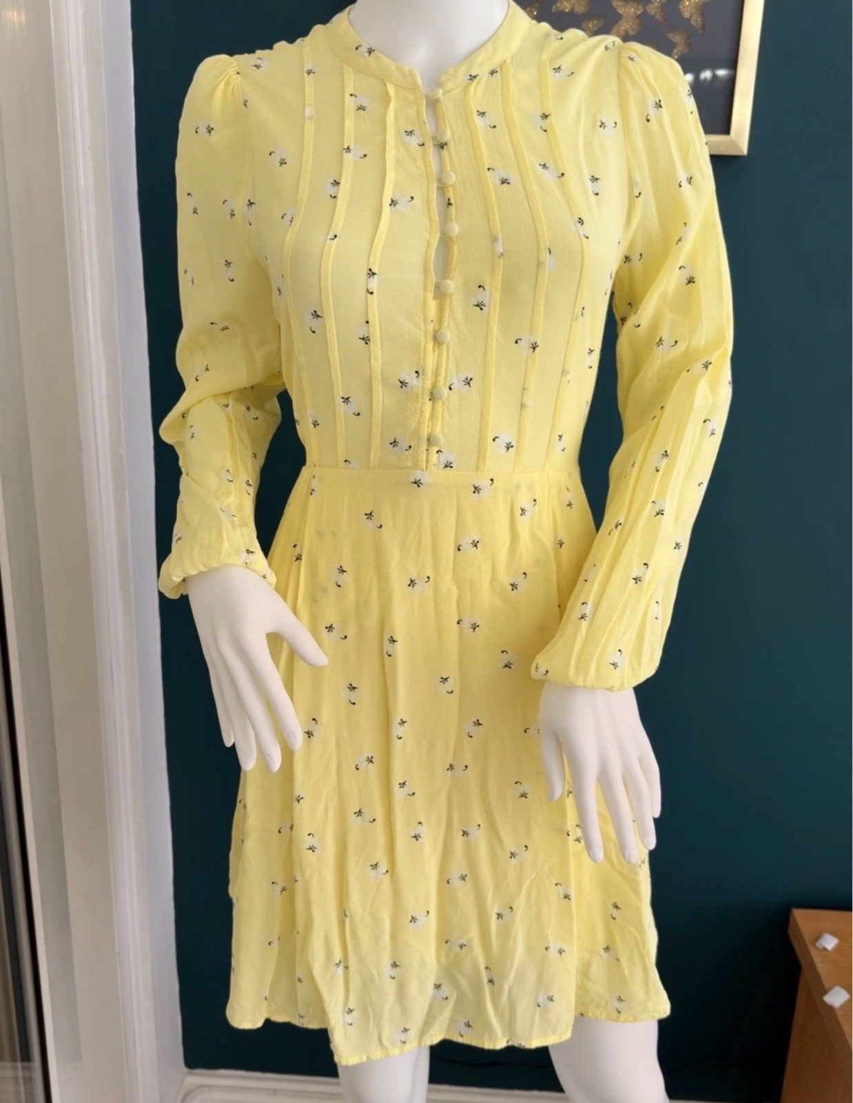 Oliver Bonas UK 10 Yellow Ditsy Floral Fit & Flare Button Front Dress