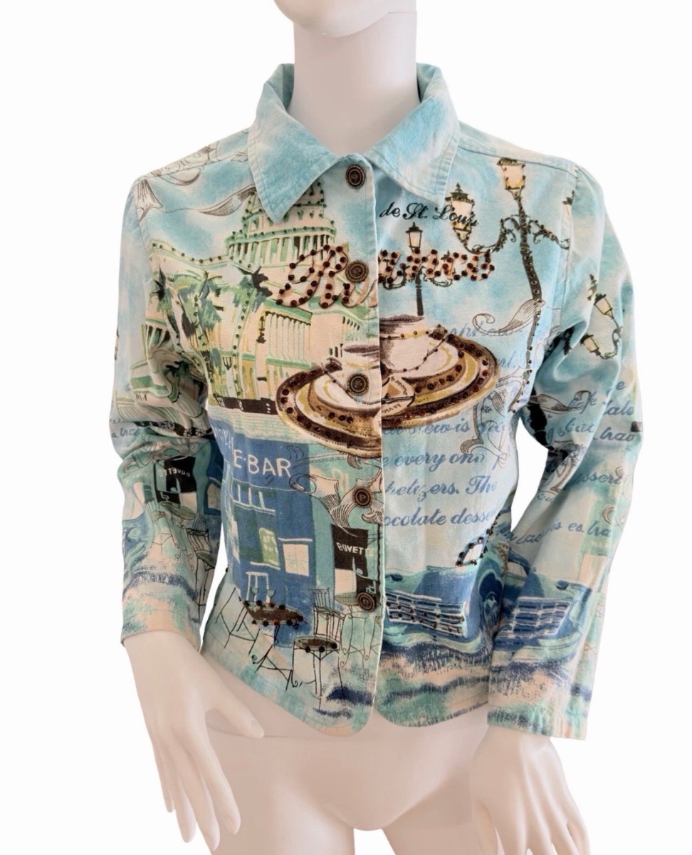 Vintage Take Two Blue Paris Print Beaded Cotton Shirt Jacket Size M RRP £89