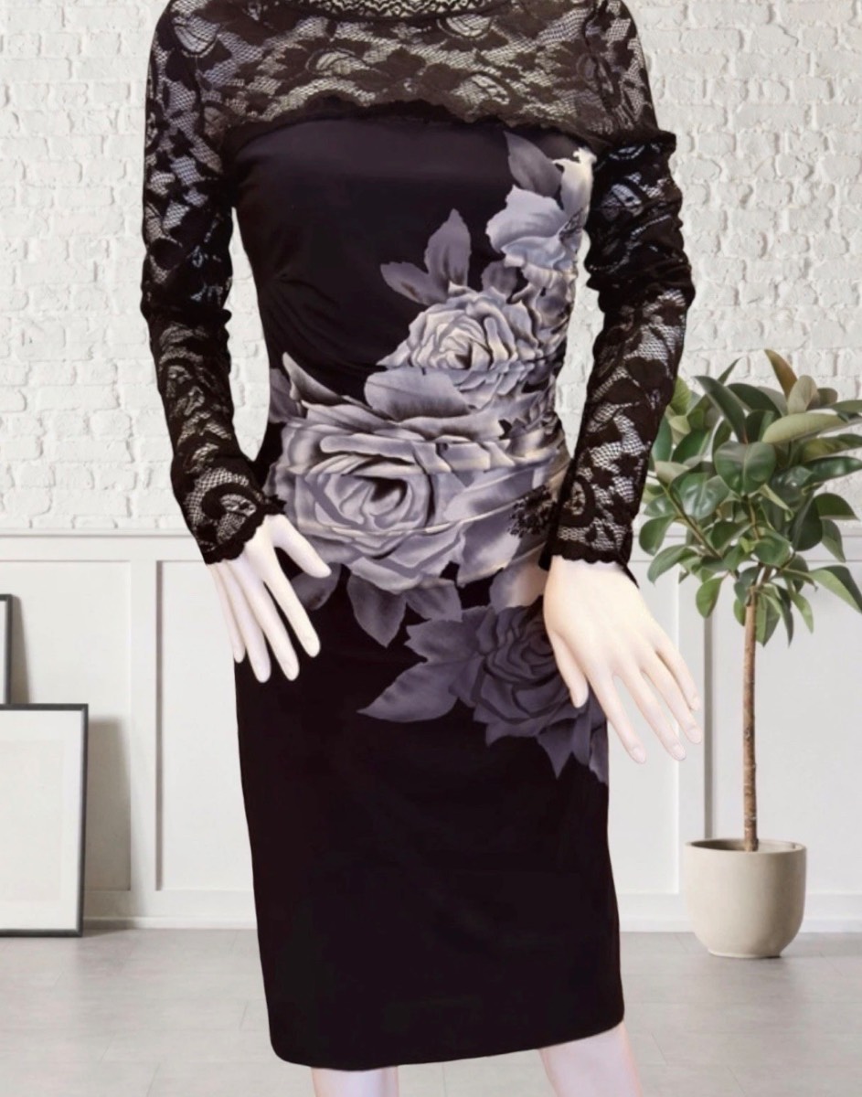 Phase Eight UK 10 Black Grey Floral Lace Bodycon Midi Dress Occasion Party Evening