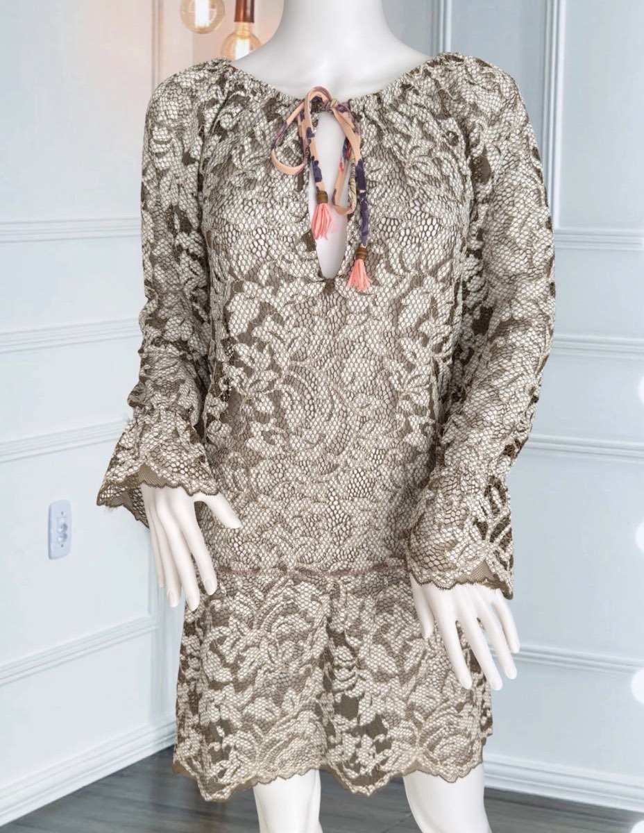 Maaji Beige Cream Sheer Lace Crochet Mini Dress Size S Boho Festival