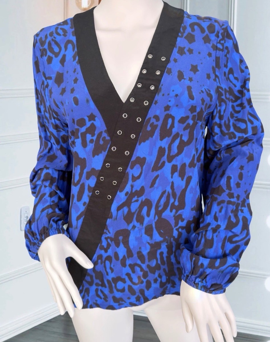Ted Baker Blue Leopard Print Wrap Style Blouse Long Sleeve Eyelet Detail Top UK 12