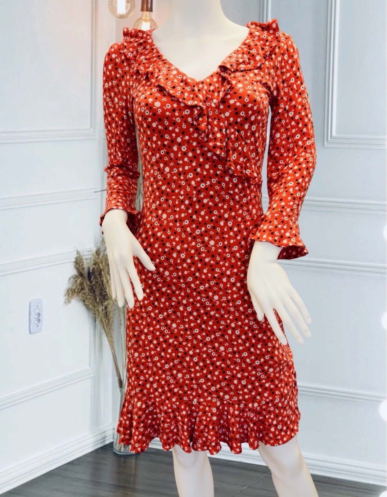 Boden Red Floral Mini Dress UK 6 Long Sleeve Frill V Neck Stretch RRP £90