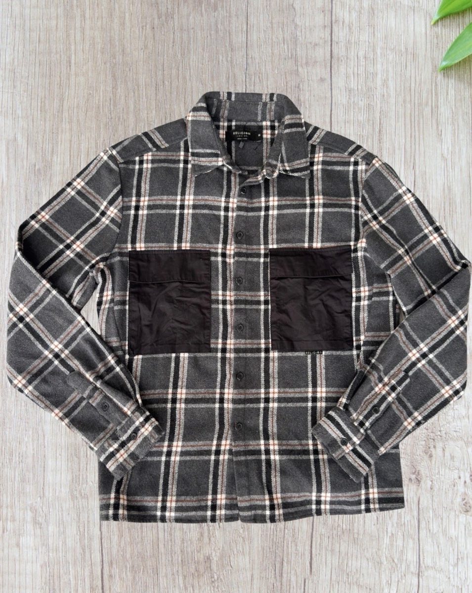 Religion London Size M Grey Check Overshirt Shacket Flannel Shirt