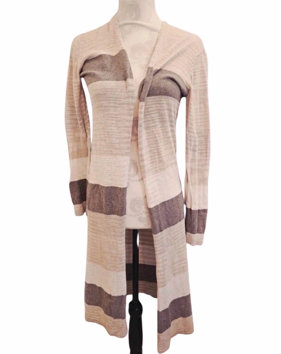 Cabi Longline Open Front Striped Cardigan XS Beige Brown Knit
