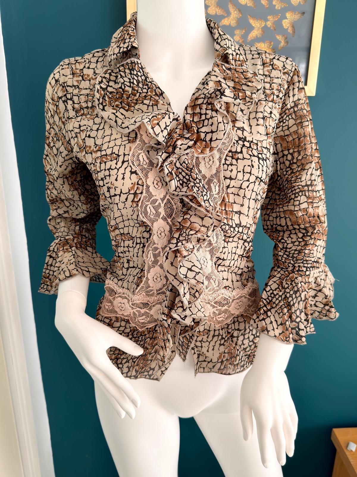 Vintage Y2K Jaipur Size S Brown Beige Animal Print Ruffle Blouse