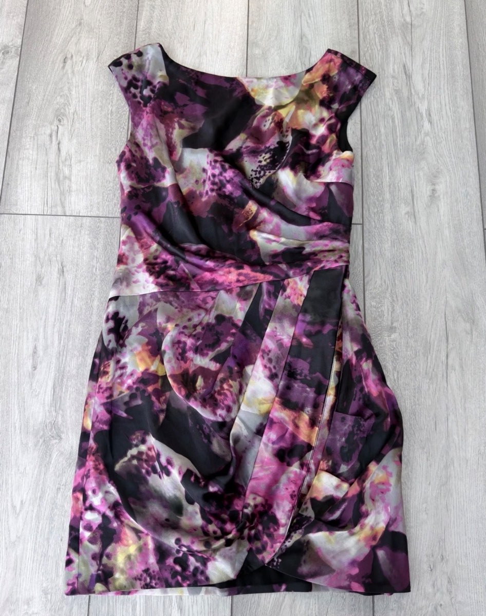 Karen Millen Floral Ruched Draped Bodycon Dress UK 12 Pink Purple Occasion Designer