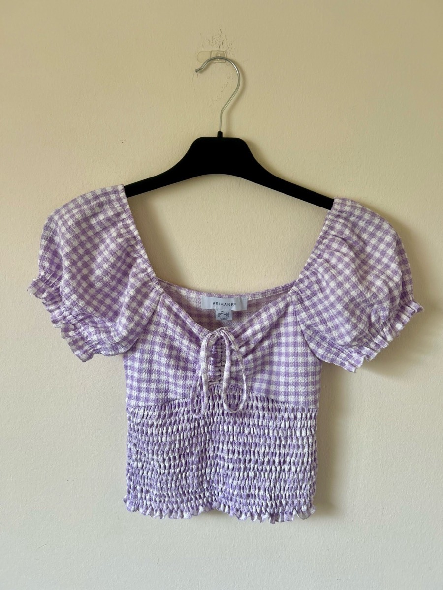 Primark White and Purple Gingahm Crop Top