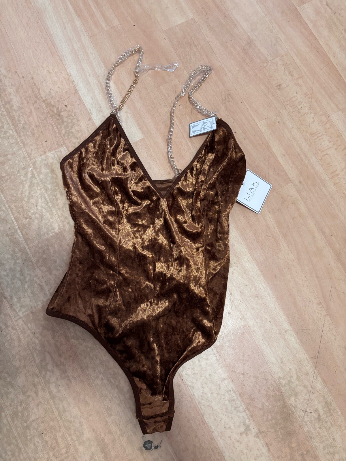 IJAK Women’s Brown Velvet Look Chain Strap Bodysuit One Piece Size S