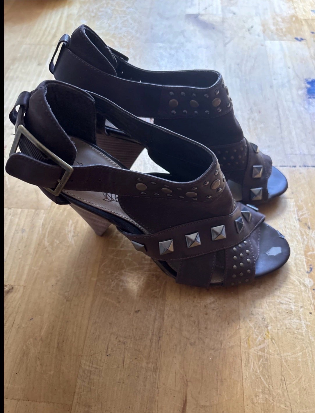 Next Brown Studded Heel Sandals Feature Paramid Stud Details & Peep Toe Design