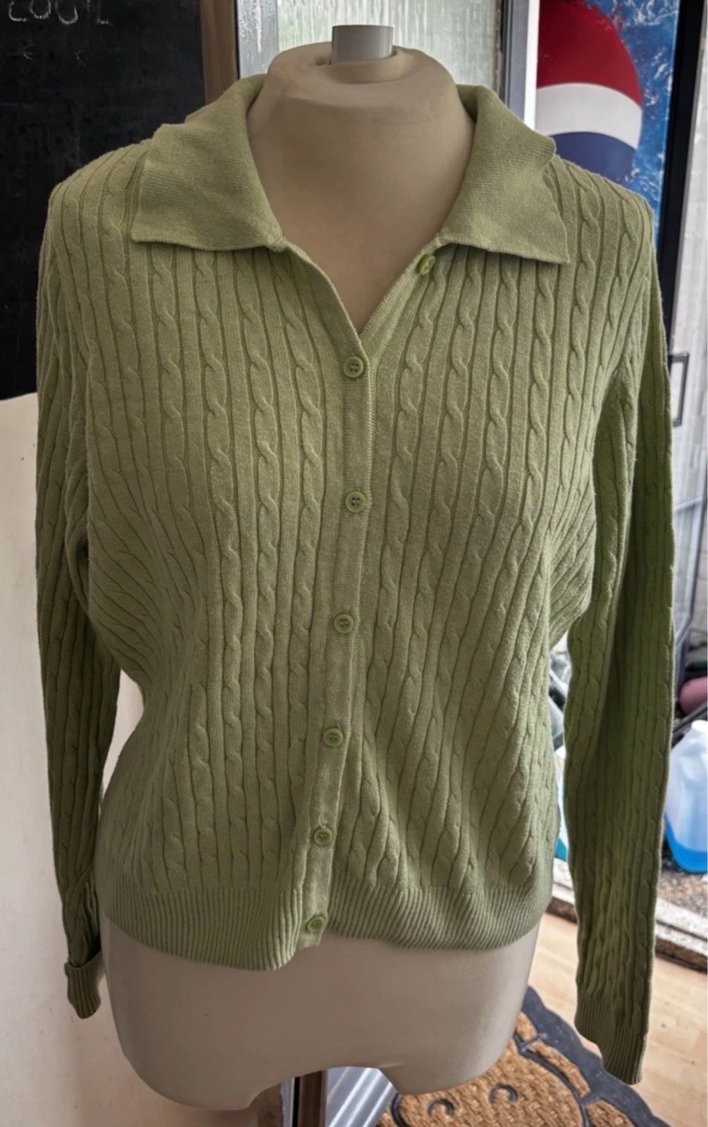JNY Jones New York Lime Green Cotton Cable Knit Cardigan -  Size Large