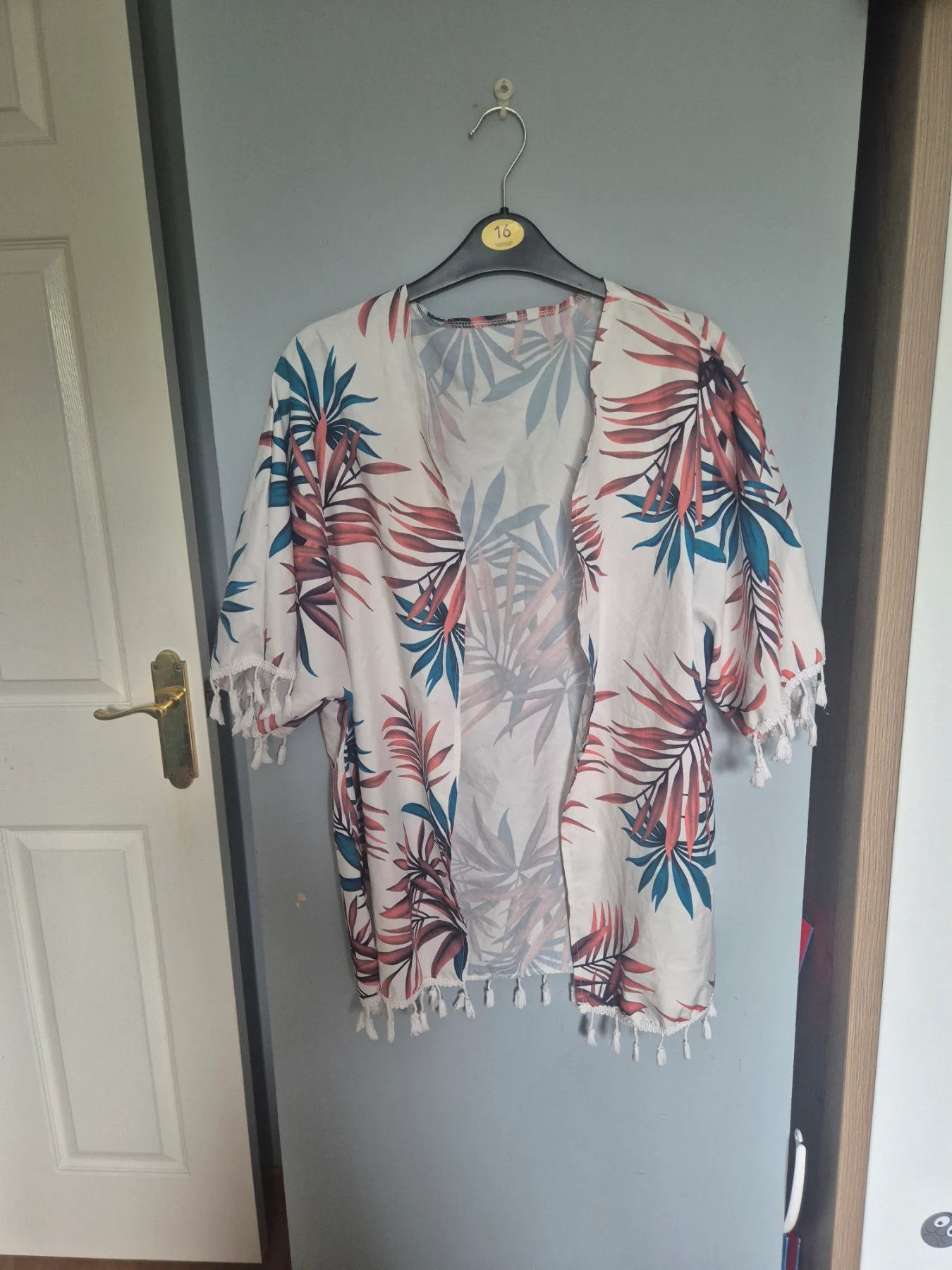 Tropical Leaf Kimono with Tassle trim, Never worn