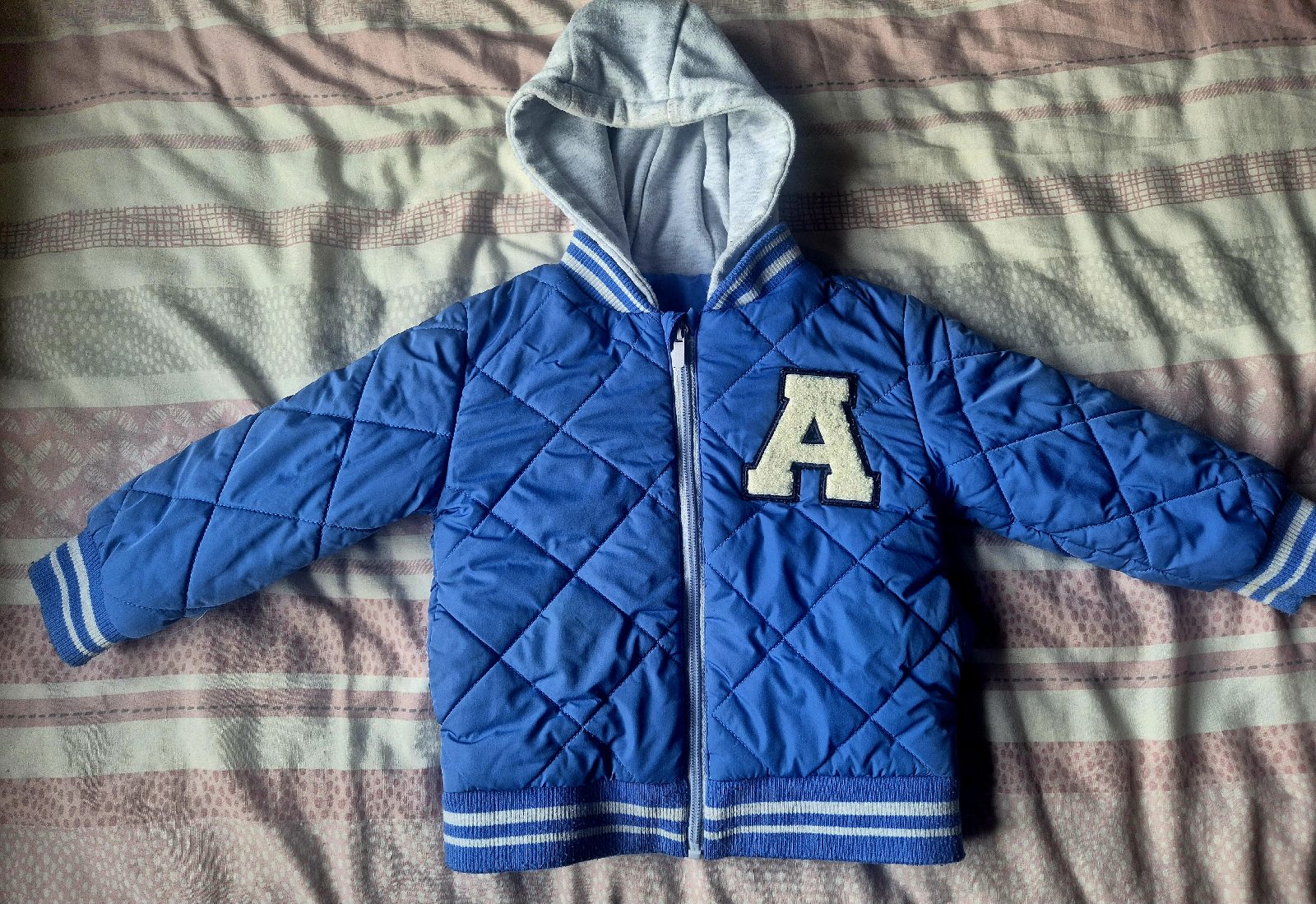 Boys blue and grey quilted jacket with hood, age 2-3
