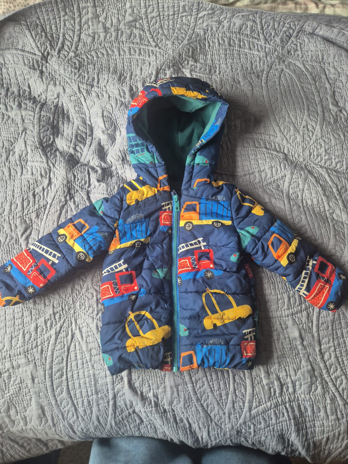 Boys Navy padded coat with vehicle design, fleece lining, age 12-18 months