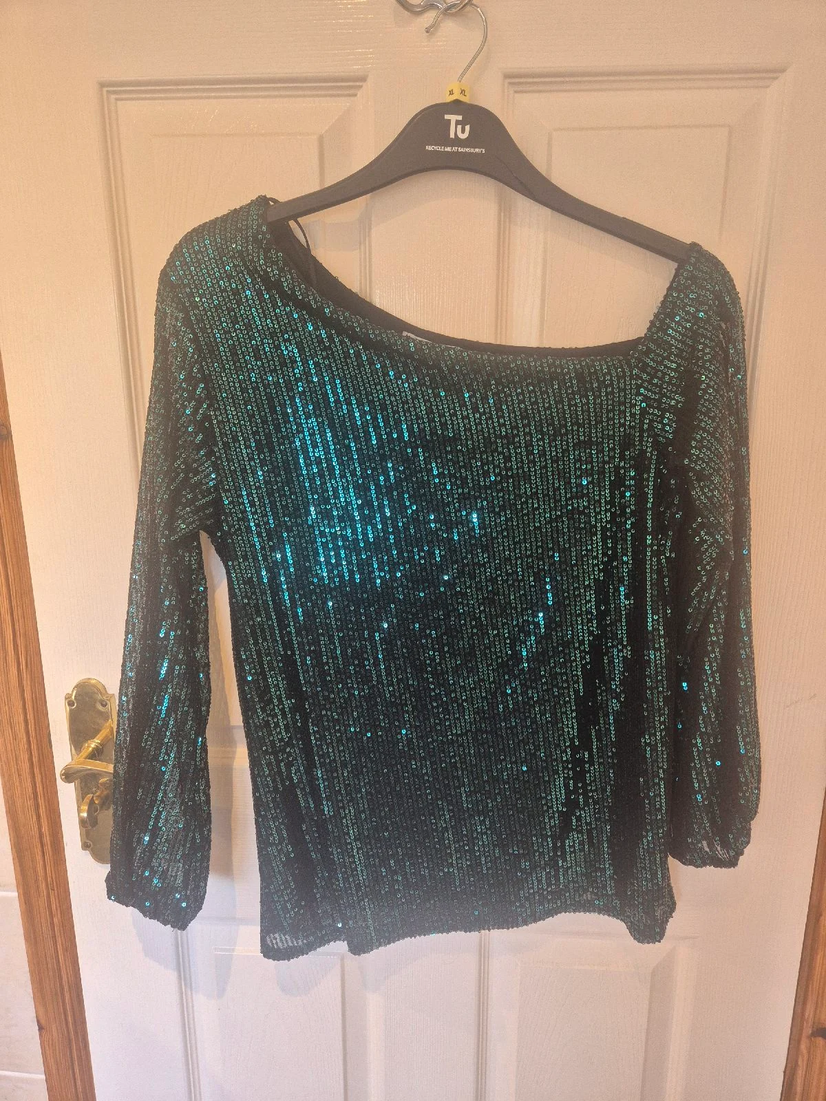 Beautiful Green sequin top with off-the-shoulder bardot neckline, Quiz, size 14