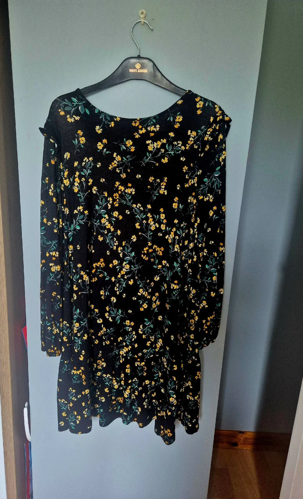 Lovely black green and yellow floral dress, size 14