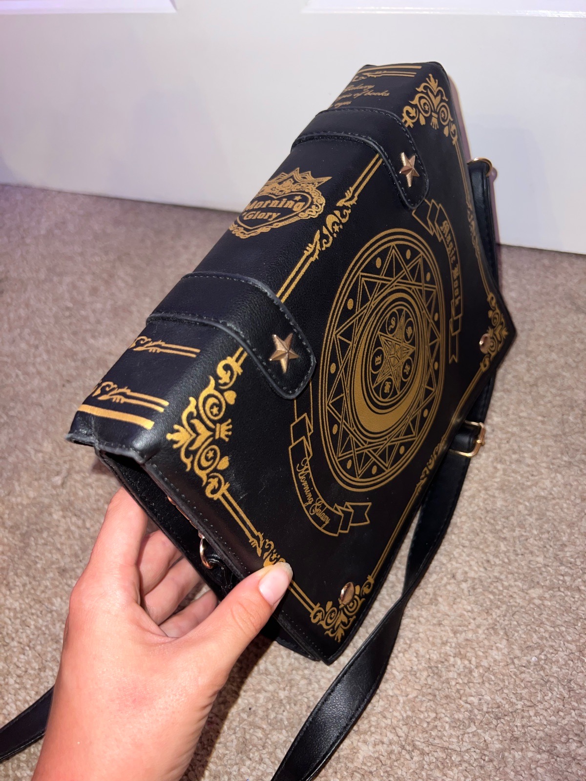 Women’s over the shoulder bag black gothic book design magic book