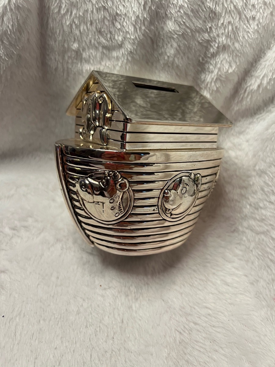 Beautiful silver Christening gift Noah’s ark money box no stopper Christian gift Comes as pictured u