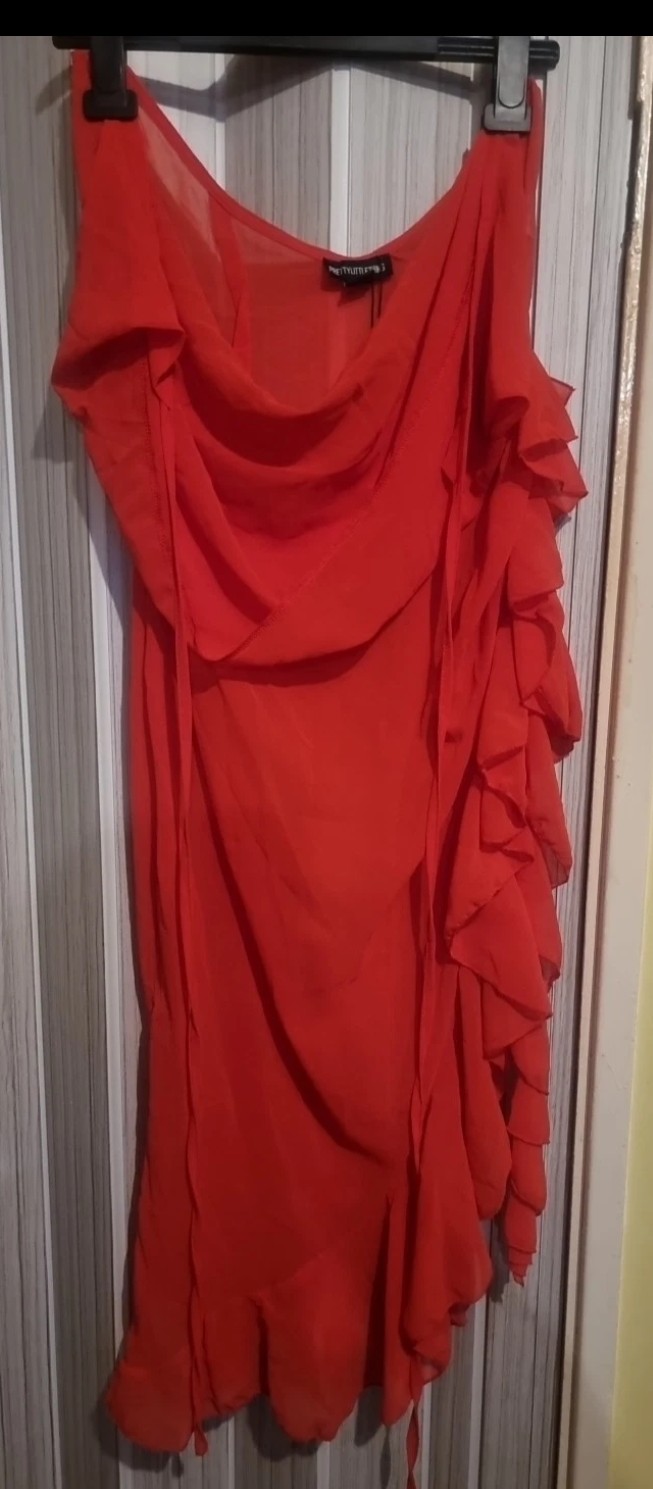 PrettyLittleThing Orange Cowl Ruffle Split Detail Maxi Dress. Size UK 8