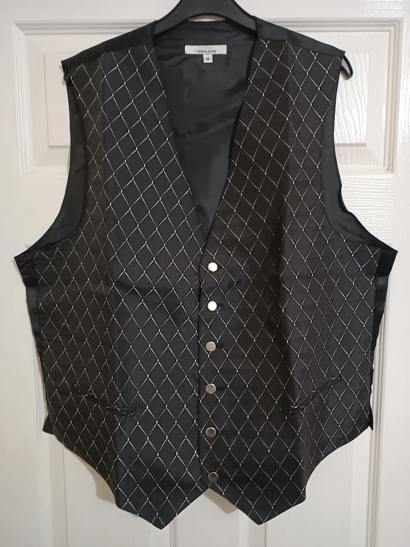 Mens Black & Silver Diamond Smart Waistcoat 50" New