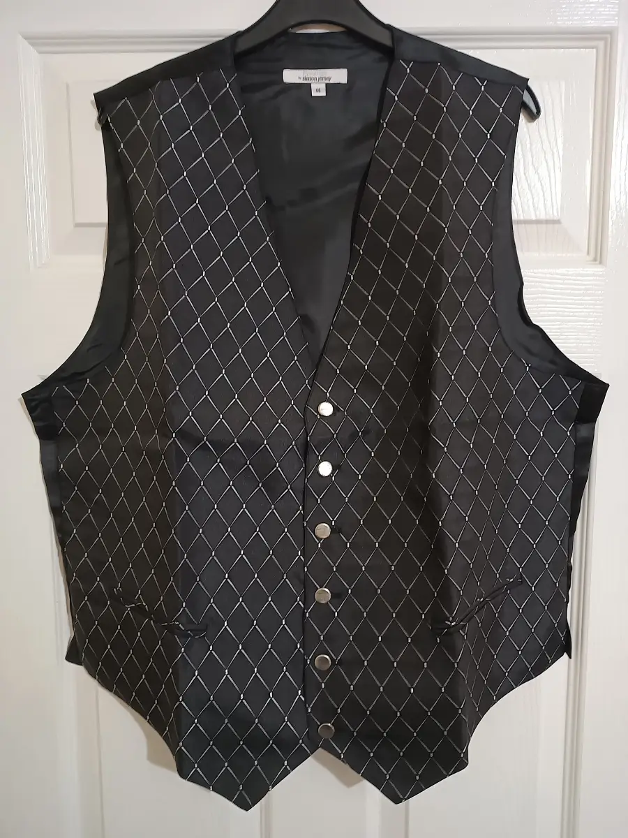 Mens Black & Silver Diamond Smart Waistcoat 44" New