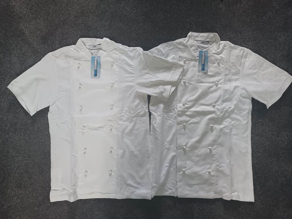 TWO White Coolmax Chef Jackets 36" Small New short sleeved