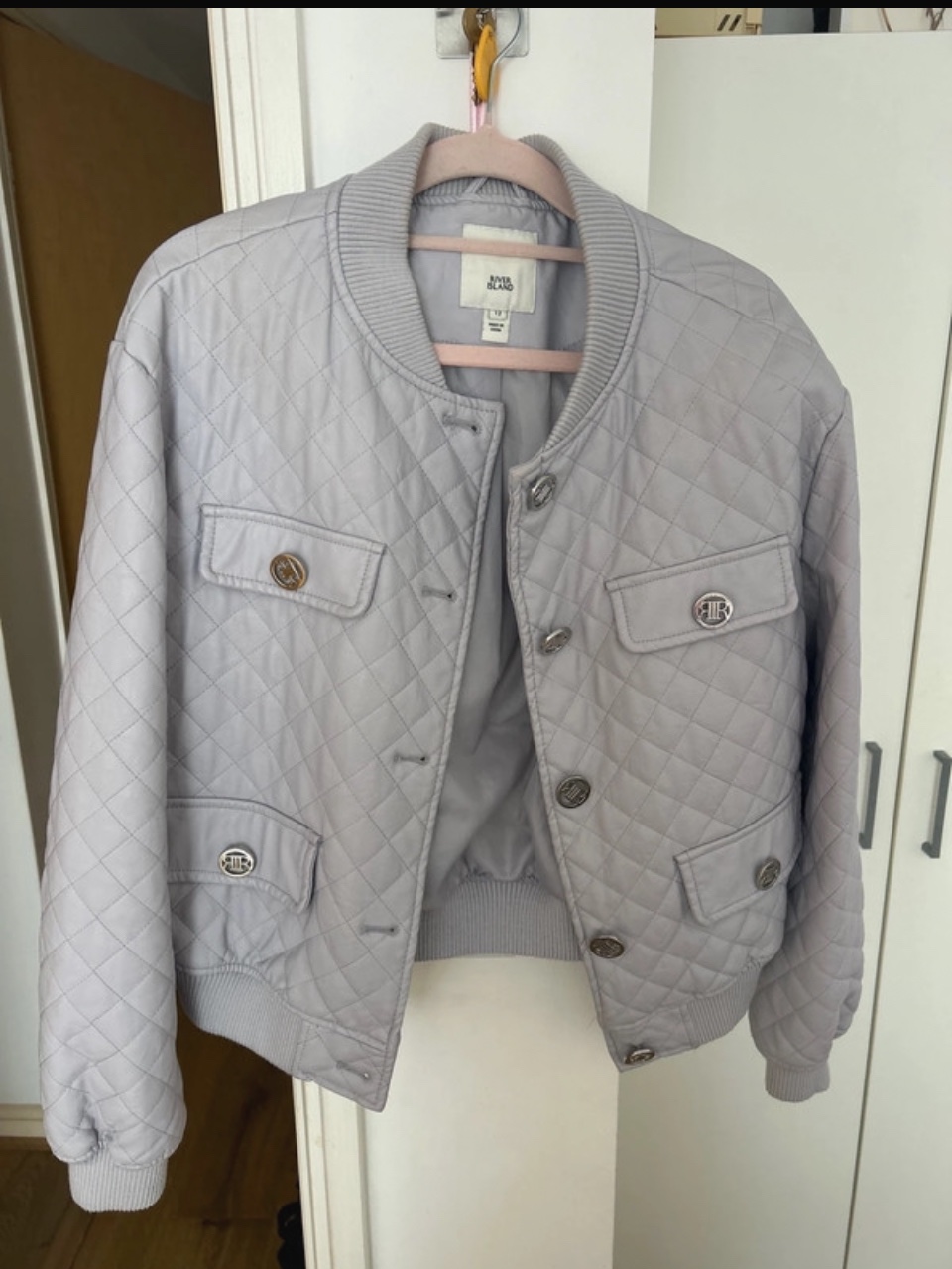 Pale lilac/dusty lavender quilted bomber jacket very trendy spring colour - soft muted colour