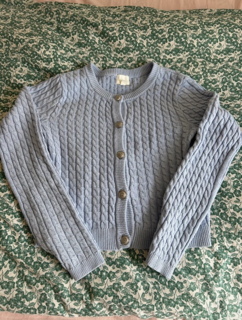 H&M light blue cable knit cardigan with silver buttons
