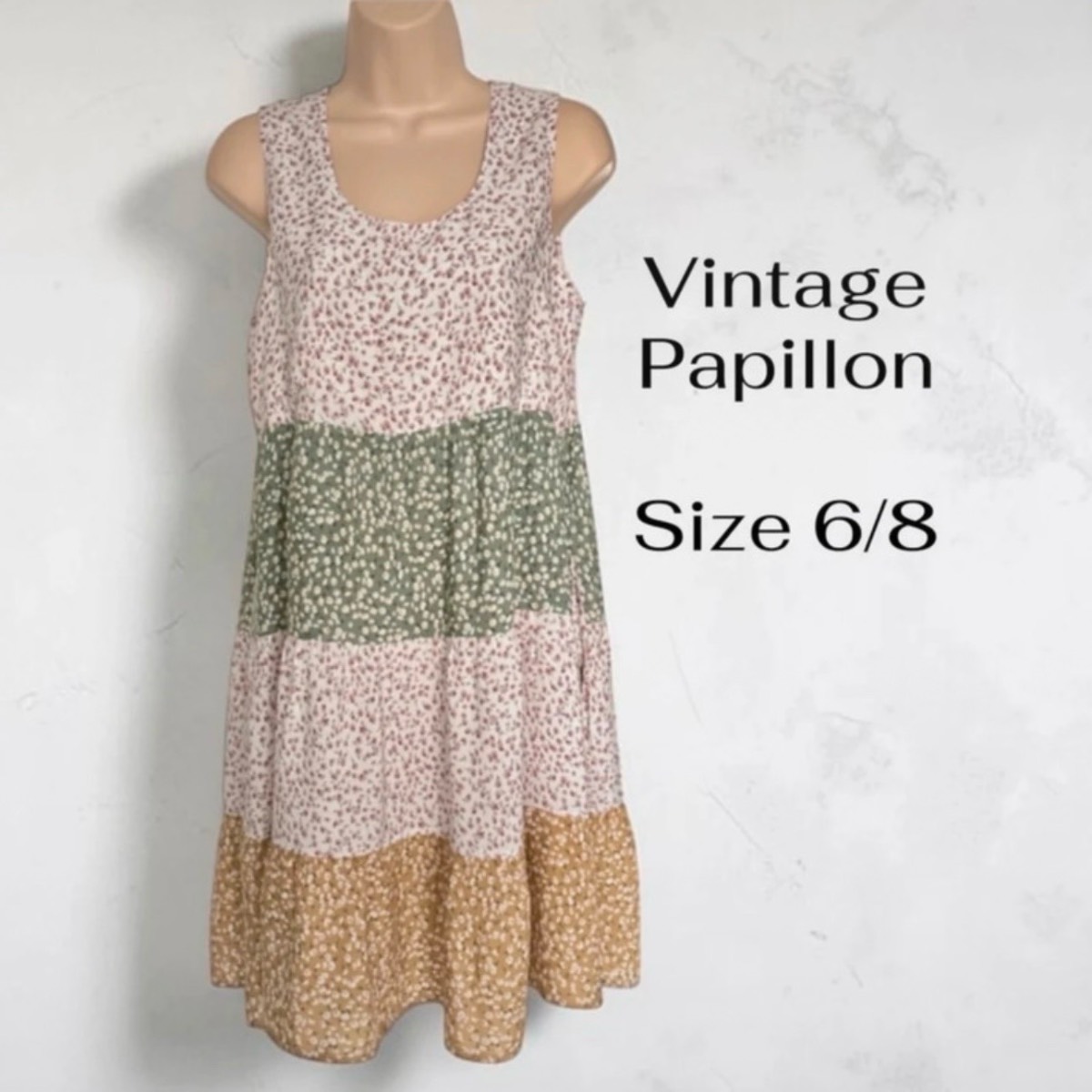 Papillon Vintage Boho ditsy floral tiered Patchwork Mini Dress with pockets Size 6/8