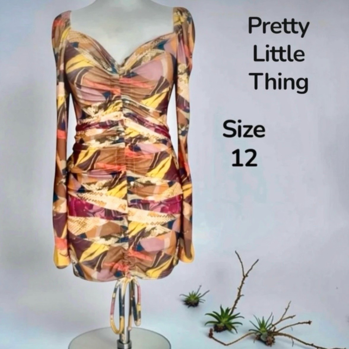 PrettyLittleThing Abstract Print Ruched Mesh Bodycon Mini Dress UK 12