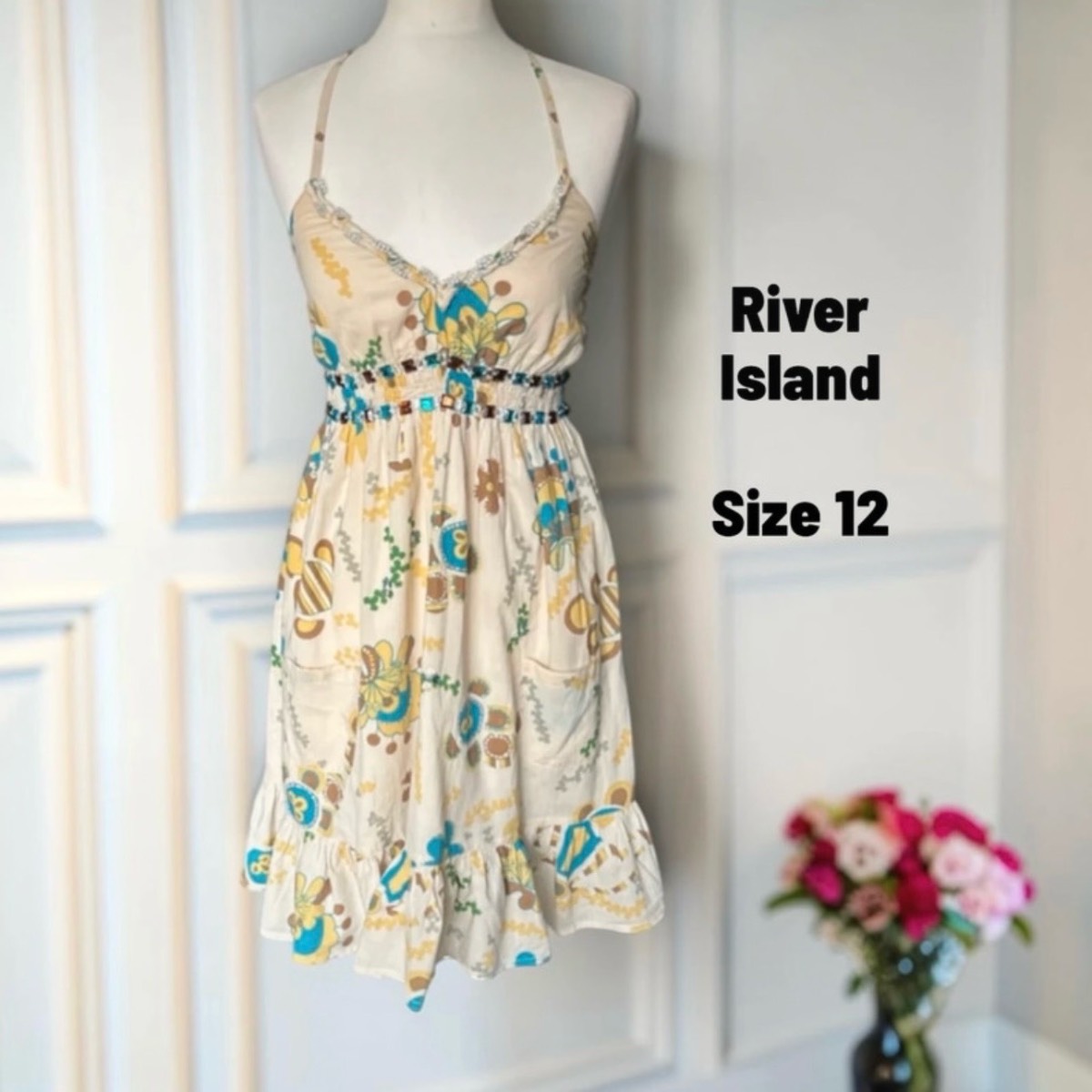 River Island Beige & Turquoise Floral Halterneck Mini summer Dress Size 12