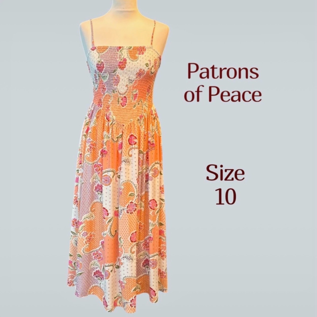 Patrons of Peace Crawford Peach Floral Shirred Midi Dress Boho Cottagecore