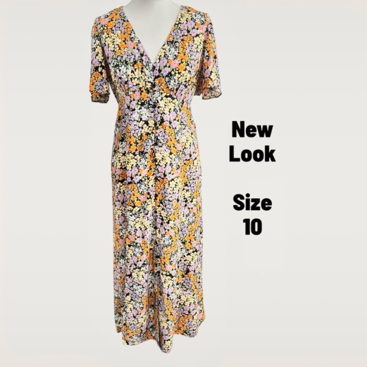 New Look Floral Midi Tea Dress UK 10 Button Front V Neck Summer