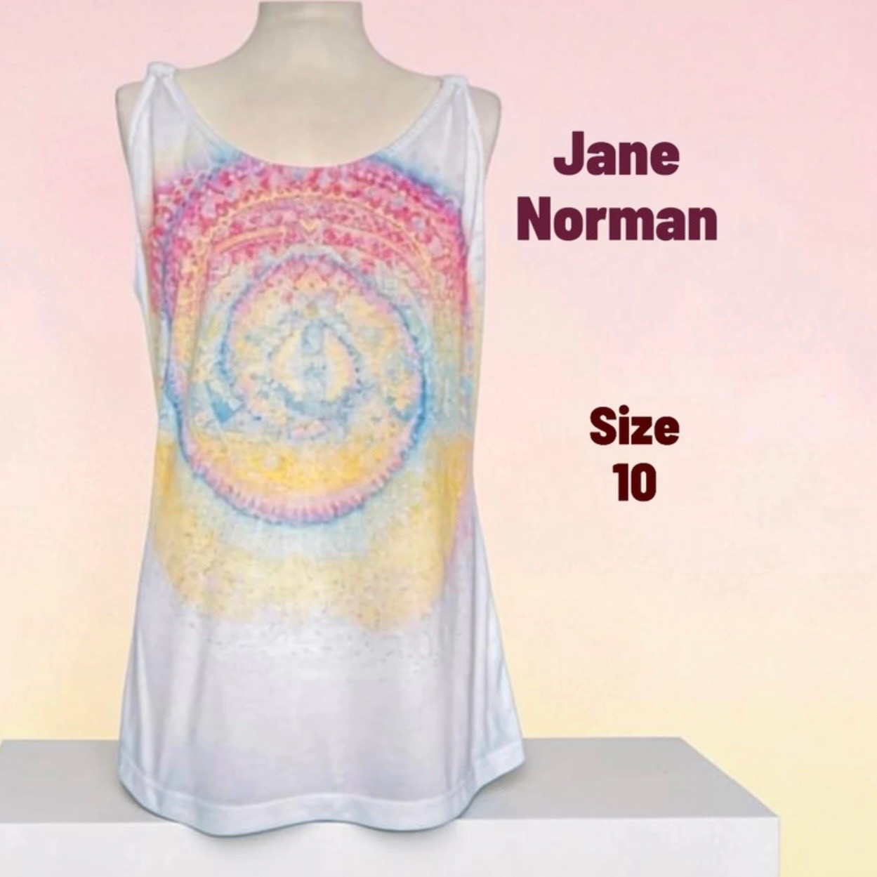 Jane Norman Y2K white tie dye pattern open back knot shoulder relaxed fit vest size 10