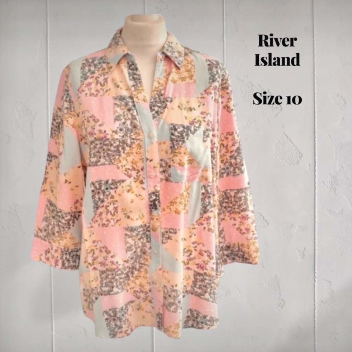 River Island pink pastel patchwork print shirt size 10 - boho cottagecore