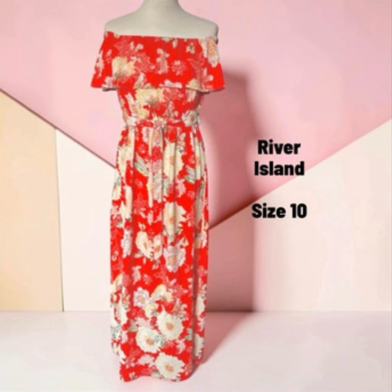 River Island Red Cream & Green Floral Off The Shoulder Maxi Dress Size 10 summer wedding holidays