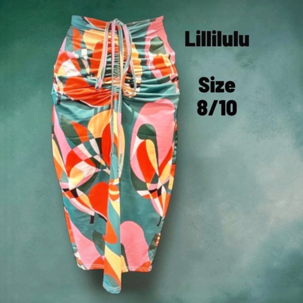 Lililulu Ruched Front Midi Skirt - Multicolour Abstract Geometric Print size Small 8-10