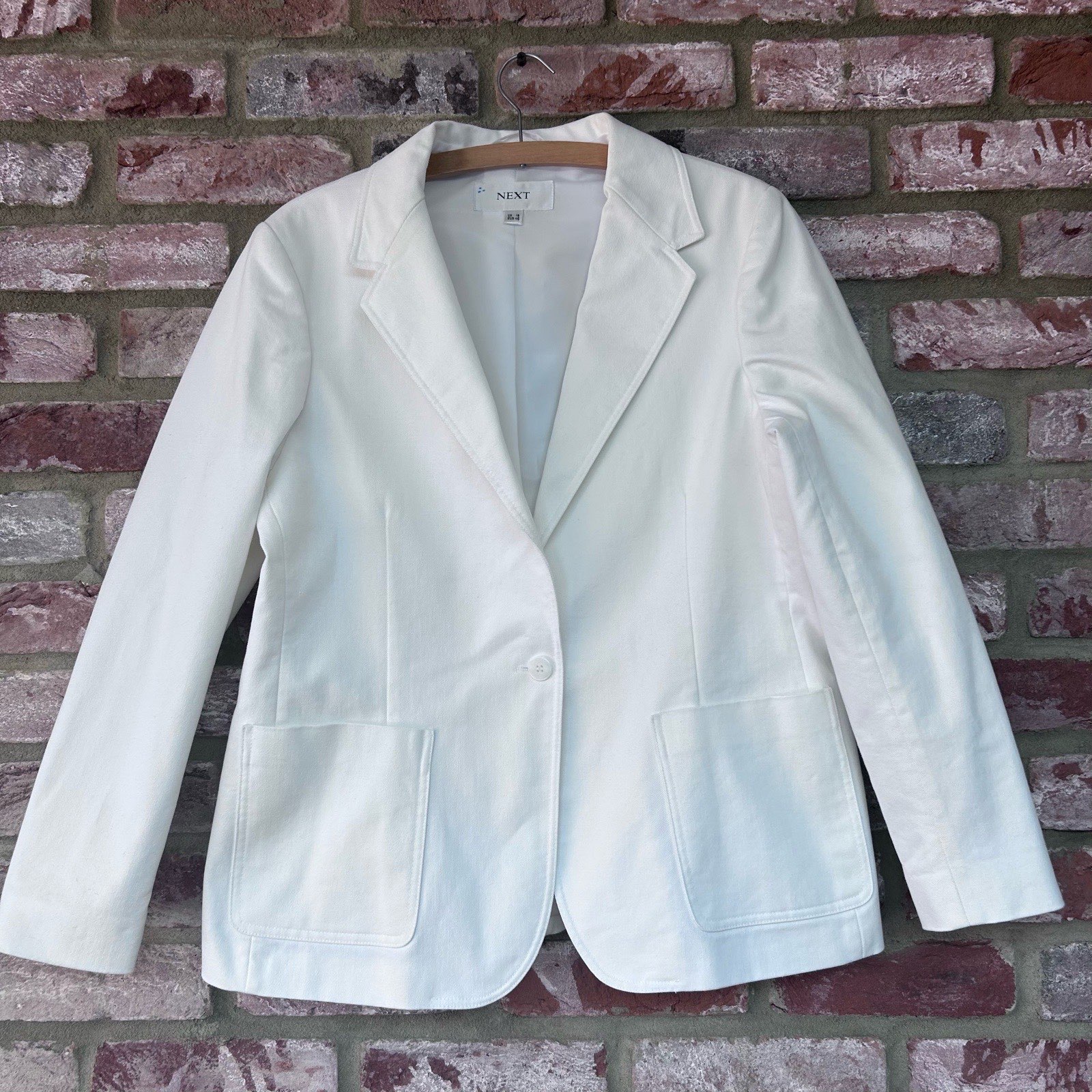 NEXT White Denim Twill Blazer Jacket Size 18 Cotton Stretch Tailored Smart Casual Wedding Summer