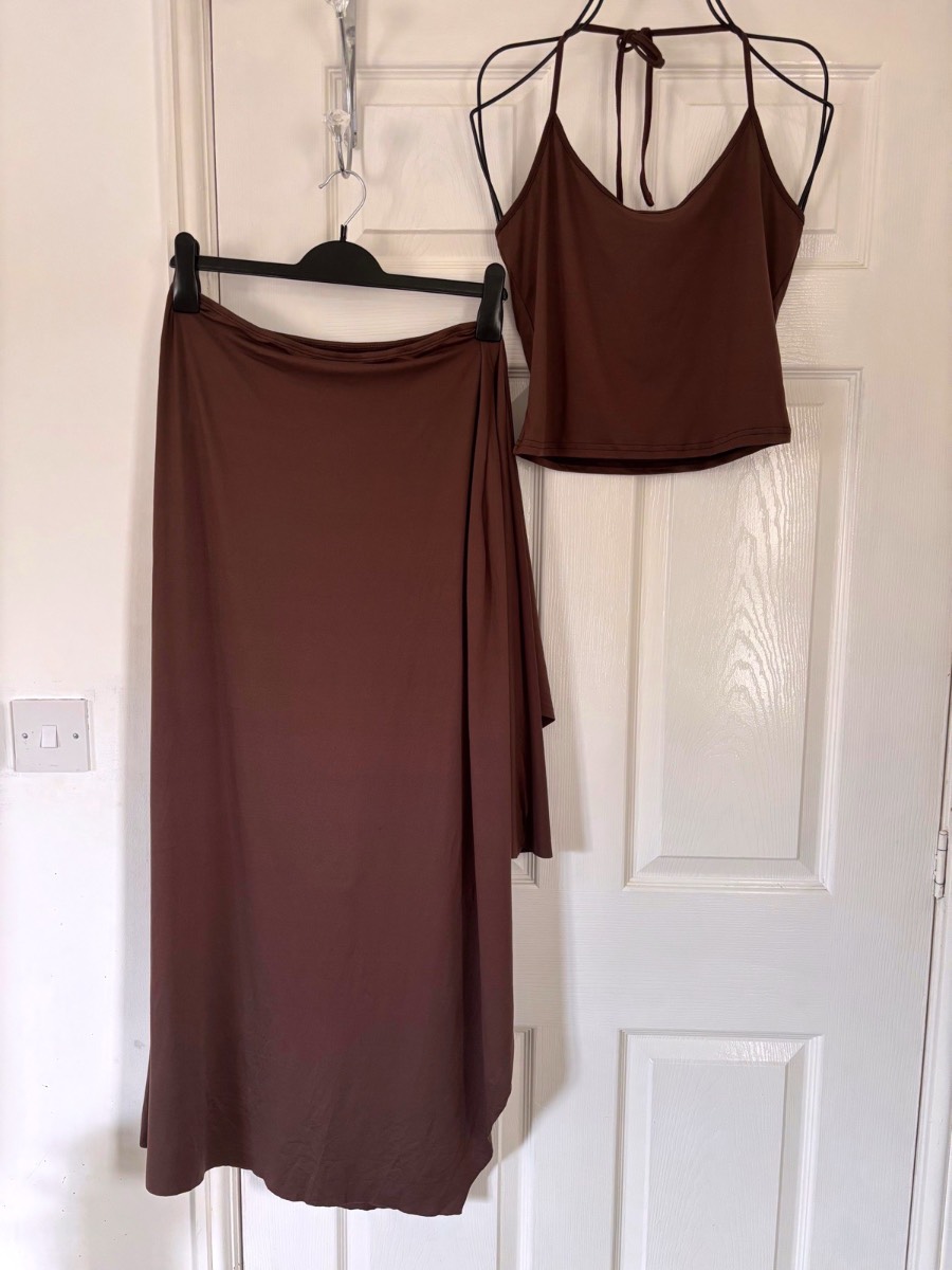 Womens 2 Piece Co-Ord Set Size S - Chocolate Brown - Halter Neck Crop Top + Draped Maxi Skirt - Holi