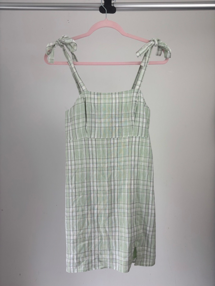 Hollister Sage Green Check Mini Dress Tie Strap Linen Blend Size S UK 8-10