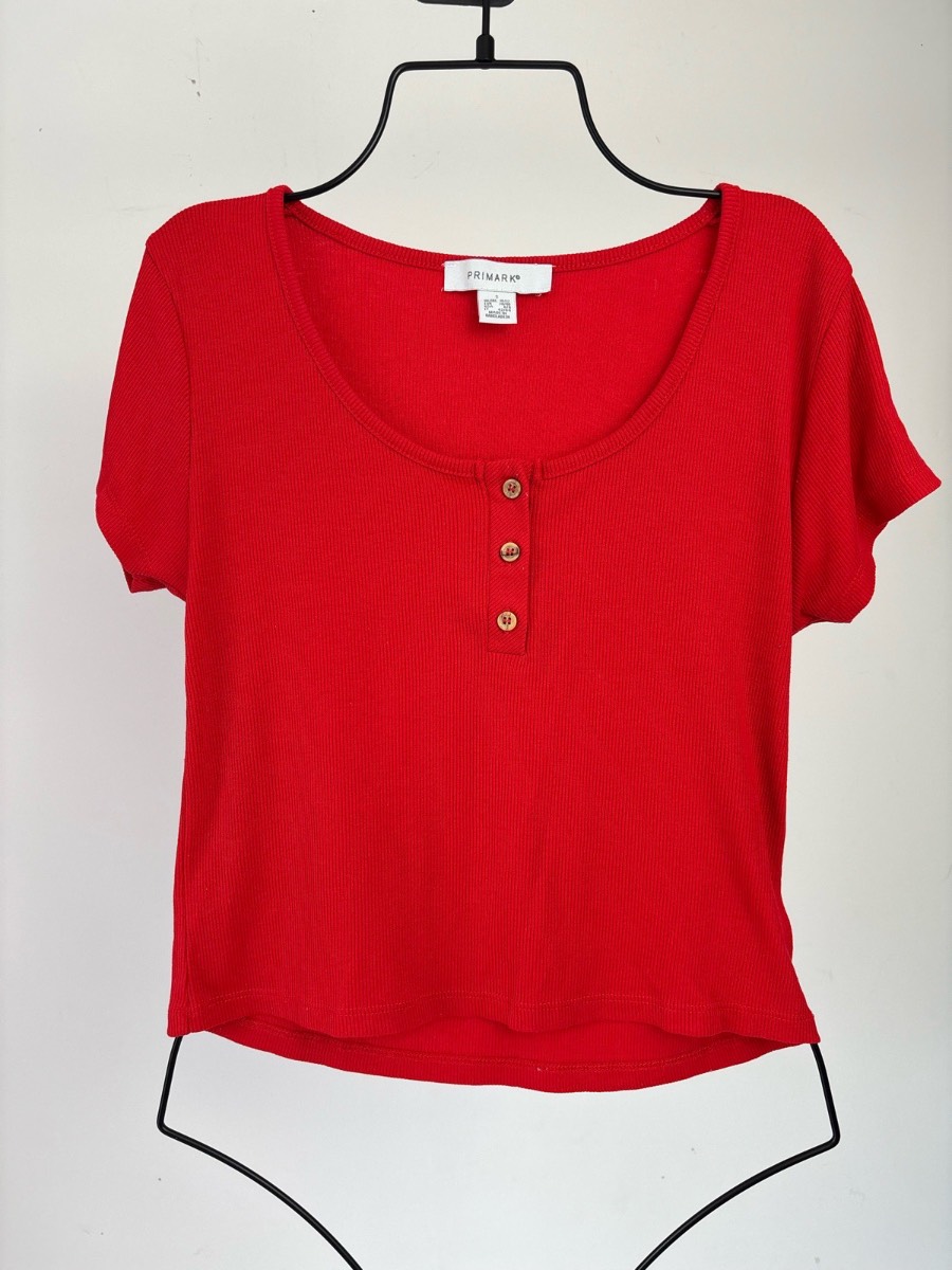 Primark Red Ribbed Button Detail Short Sleeve Top UK 10 12 Size S Casual Tee