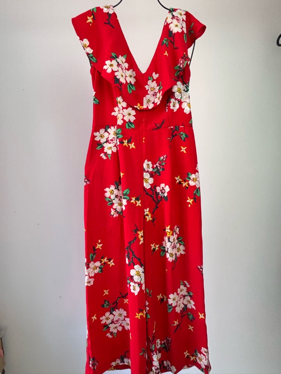 Warehouse Red Floral Wide Leg Jumpsuit UK 8 Ruffle V Neck Occasion Summer