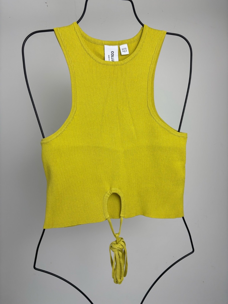 COLLUSION Neon Yellow Ribbed Cut Out Tie Waist Crop Top UK 14 Festival Summer