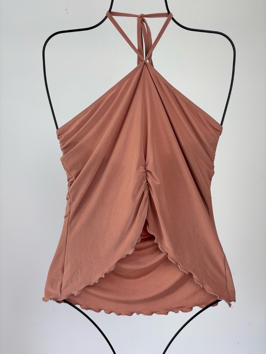 AsYou Brown Ruched Halterneck Cowl Top UK 16 Backless Y2K Going Out Stretch