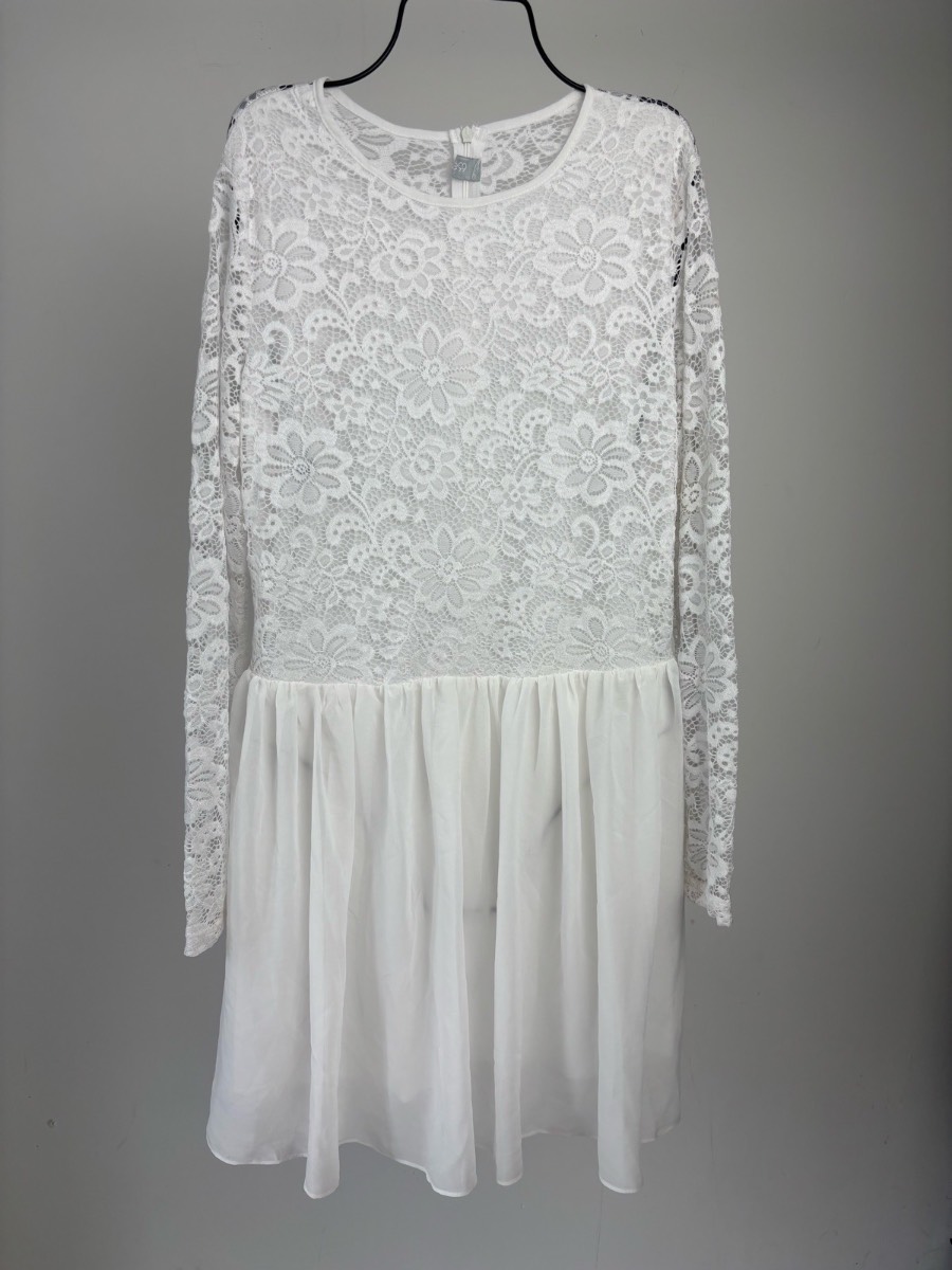 White Lace Skater Dress Long Sleeve Floral Overlay Party Mini Dress Size S