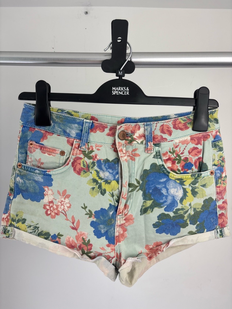 Topshop Moto Floral Denim Shorts UK 10 W28 Blue Pink High Waist Festival Summer