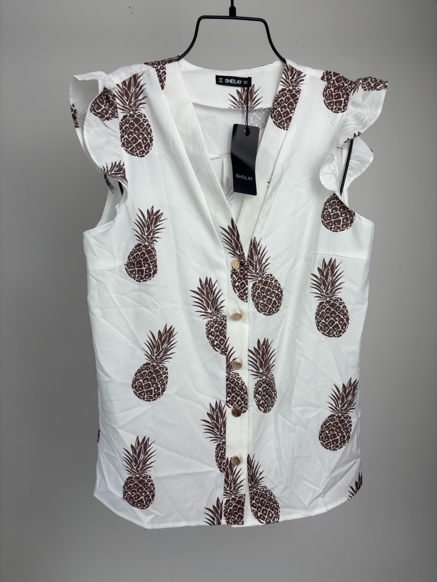BNWT Sheilay Pineapple Print Sleeveless Blouse Top White Brown Size M