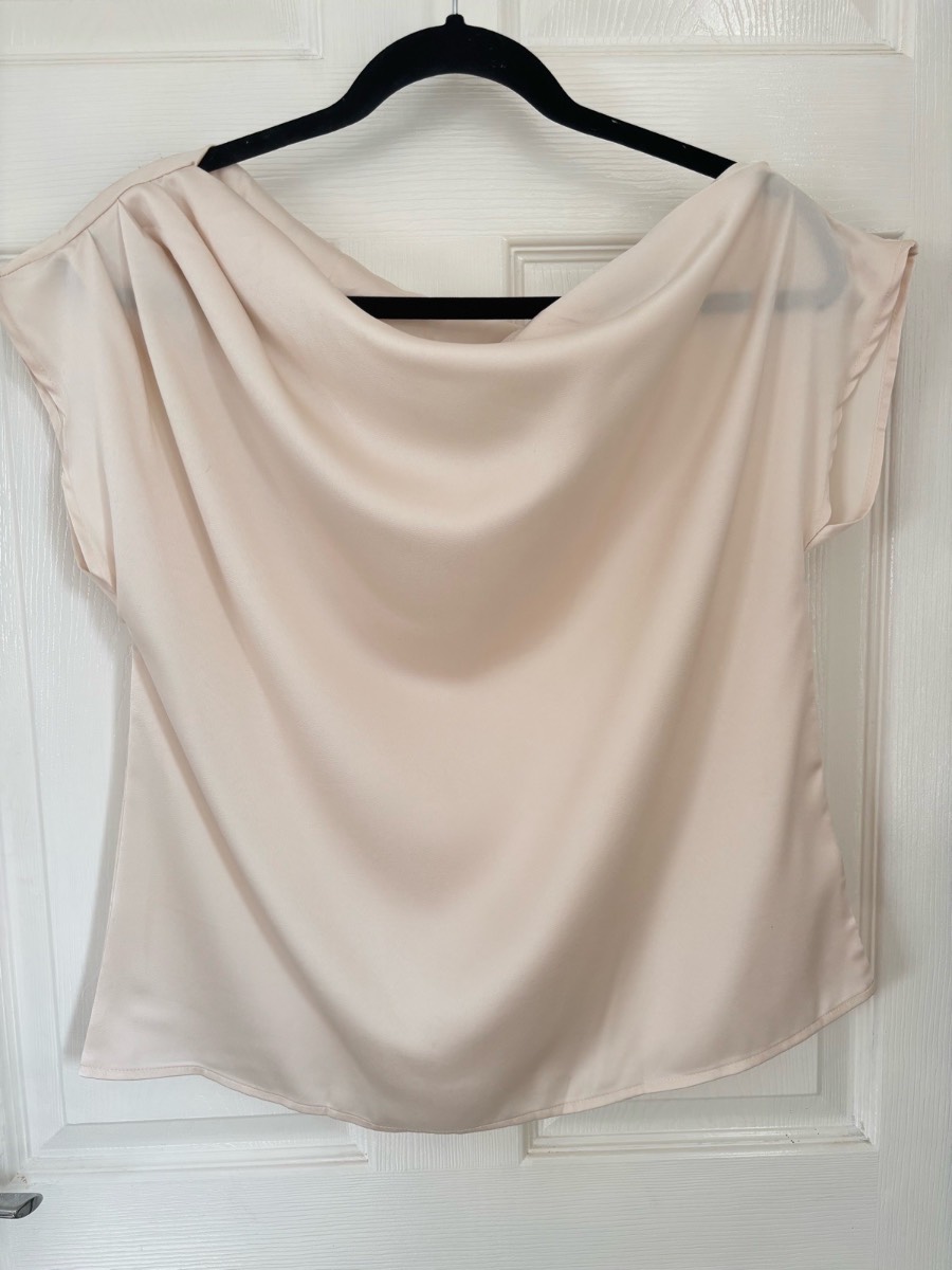 Beige Satin Cowl Neck Top M UK 12 14 Champagne Draped Sleeveless Going Out Top