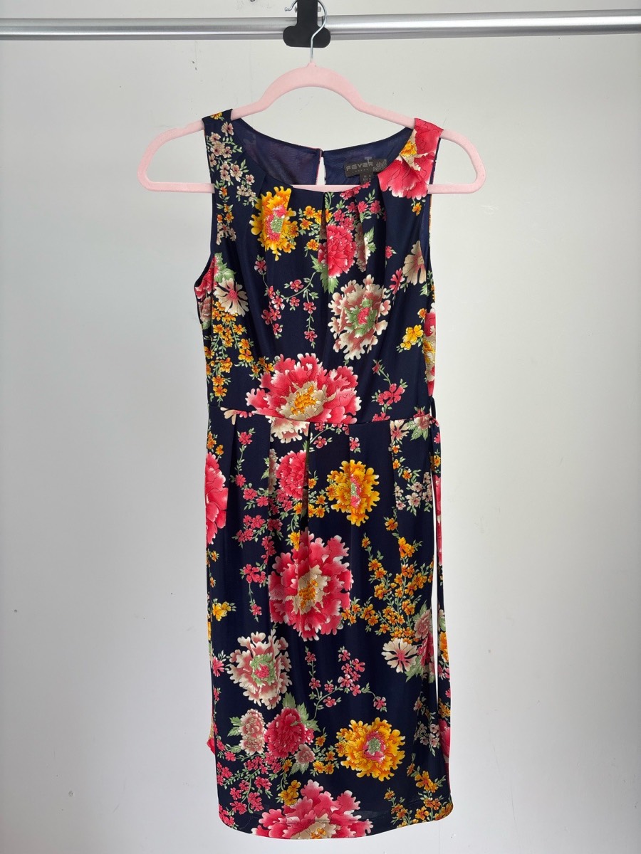 Fever London Floral Skater Dress UK 8 Navy Pink Sleeveless Belted Occasion