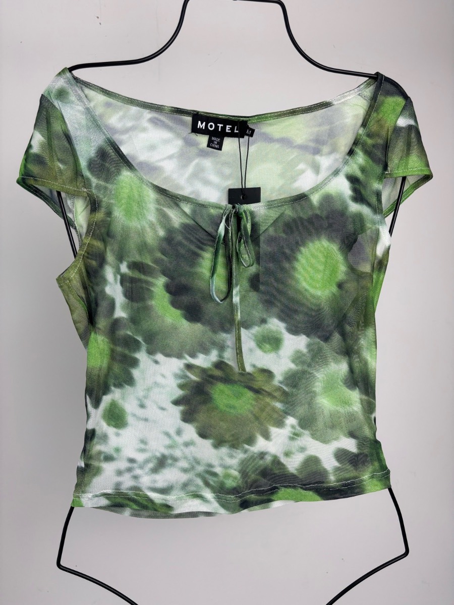 Motel Green Mesh Tie Dye Sheer Tie Front Top Size M Festival Y2K Fairy Grunge